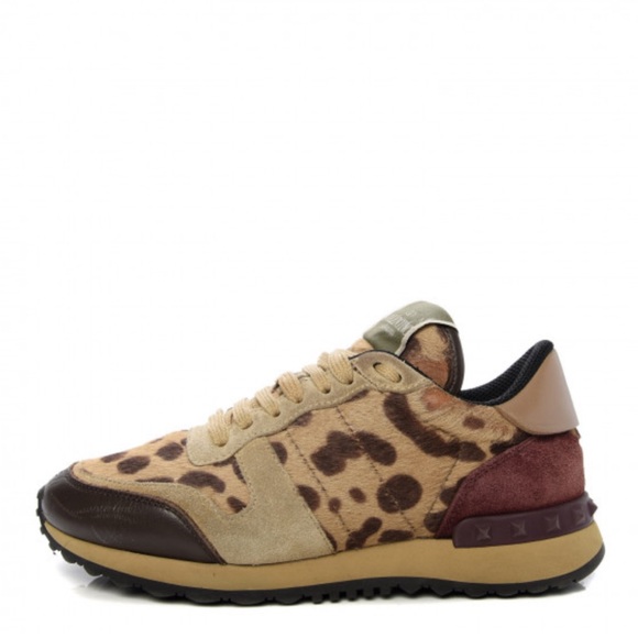 Valentino Calf Hair Suede Leopard Print Womens Rockrunner Sneakers - Picture 2 of 12